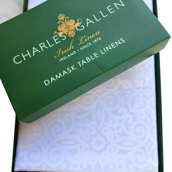 Charles Gallen White Damask Avondale‎ Tablecloth Irish Linen 60x84in - Picture 1 of 14